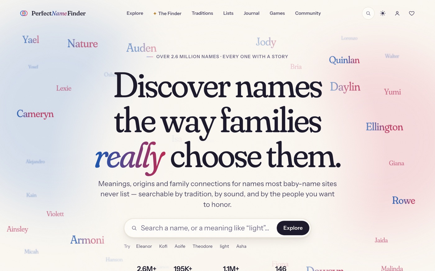 PerfectNameFinder home page: Discover names the way families really choose them